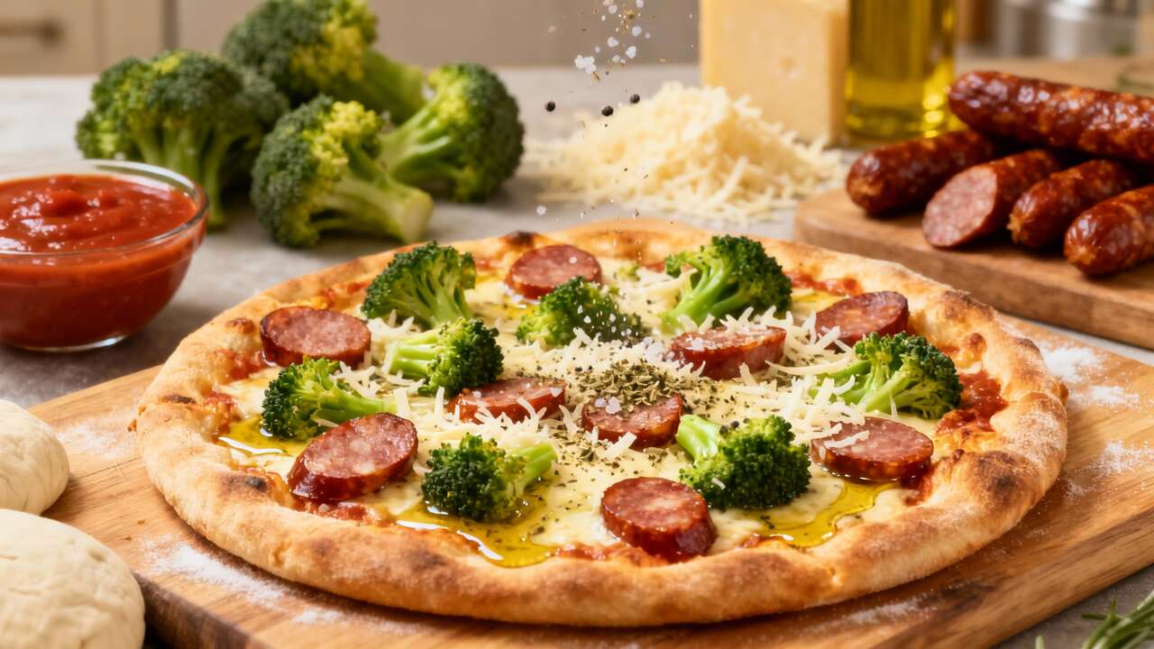 Pizza brocolis et saucisses : recette savoureuse