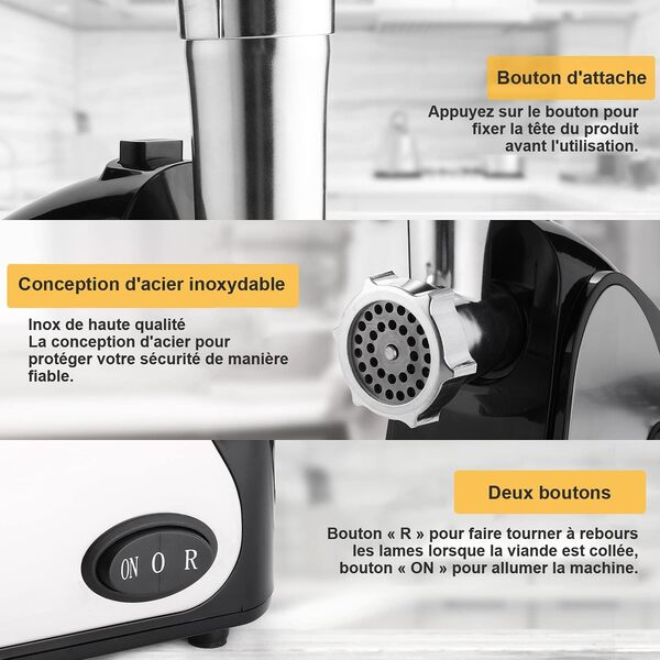Hachoir à viande électrique Nictemaw 1000W, hachoir à viande électrique avec 3 plaques de broyage, tube de remplissage de saucisses, INOX