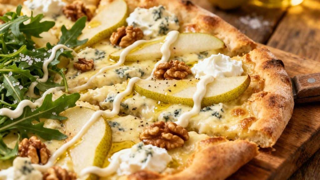 Pizza Gorgonzola, poire et Noix : recette Gourmande