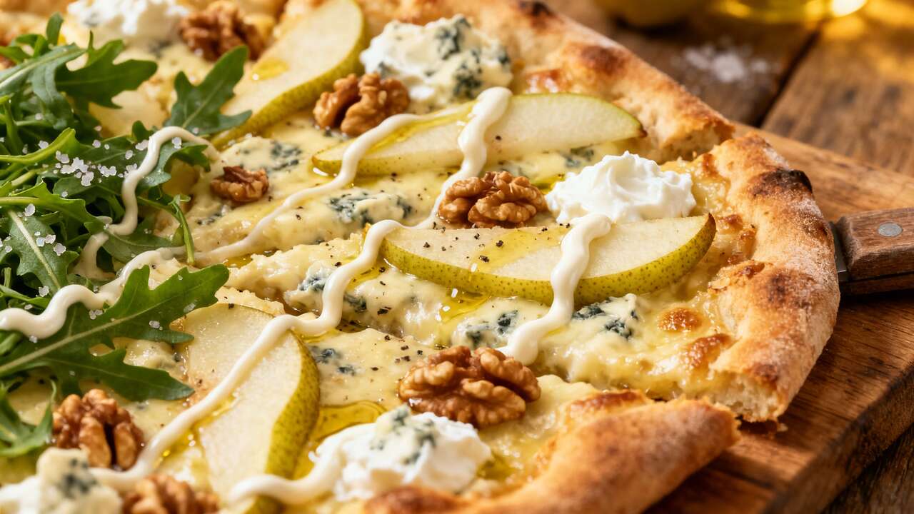 Pizza Gorgonzola, poire et Noix : recette Gourmande