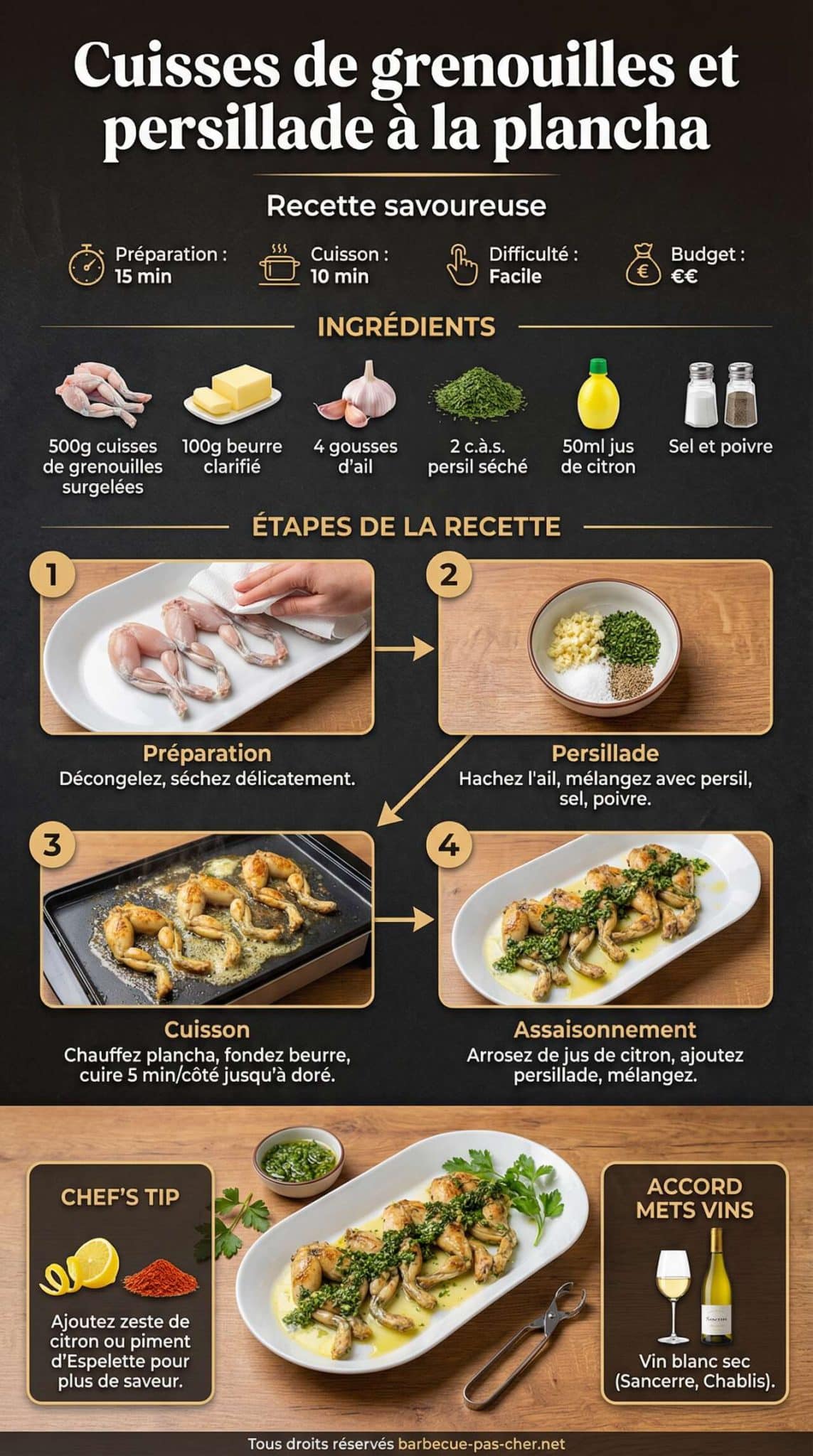 Infographie de la recette Cuisses de grenouilles et persillade &agrave; la plancha : recette savoureuse