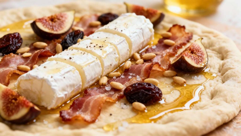 Pizza chèvre, bacon, figues et pignons : recette gourmande