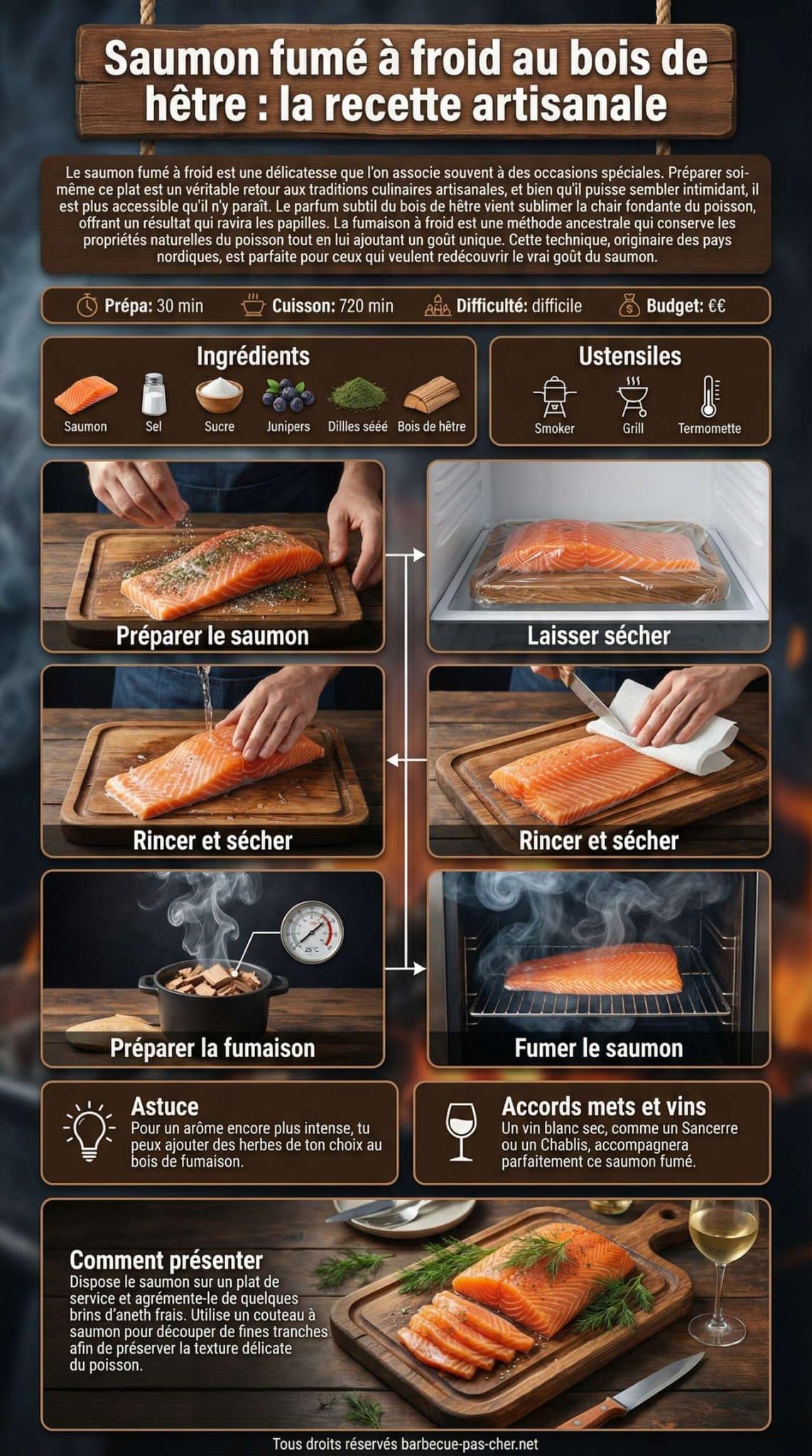 Fiche recette Saumon fumé à froid au bois de hêtre : la recette artisanale Fiche recette Saumon fumé à froid au bois de hêtre : la recette artisanale