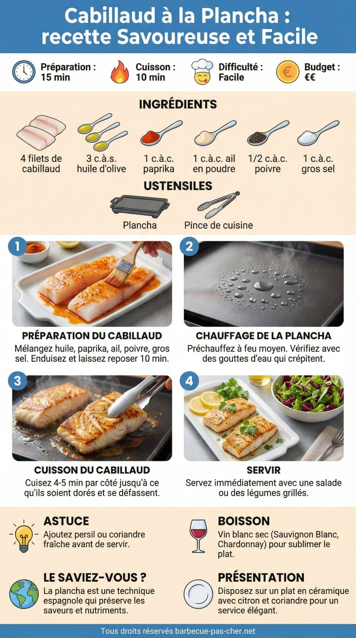 Fiche recette Cabillaud &agrave; la Plancha : recette Savoureuse et Facile