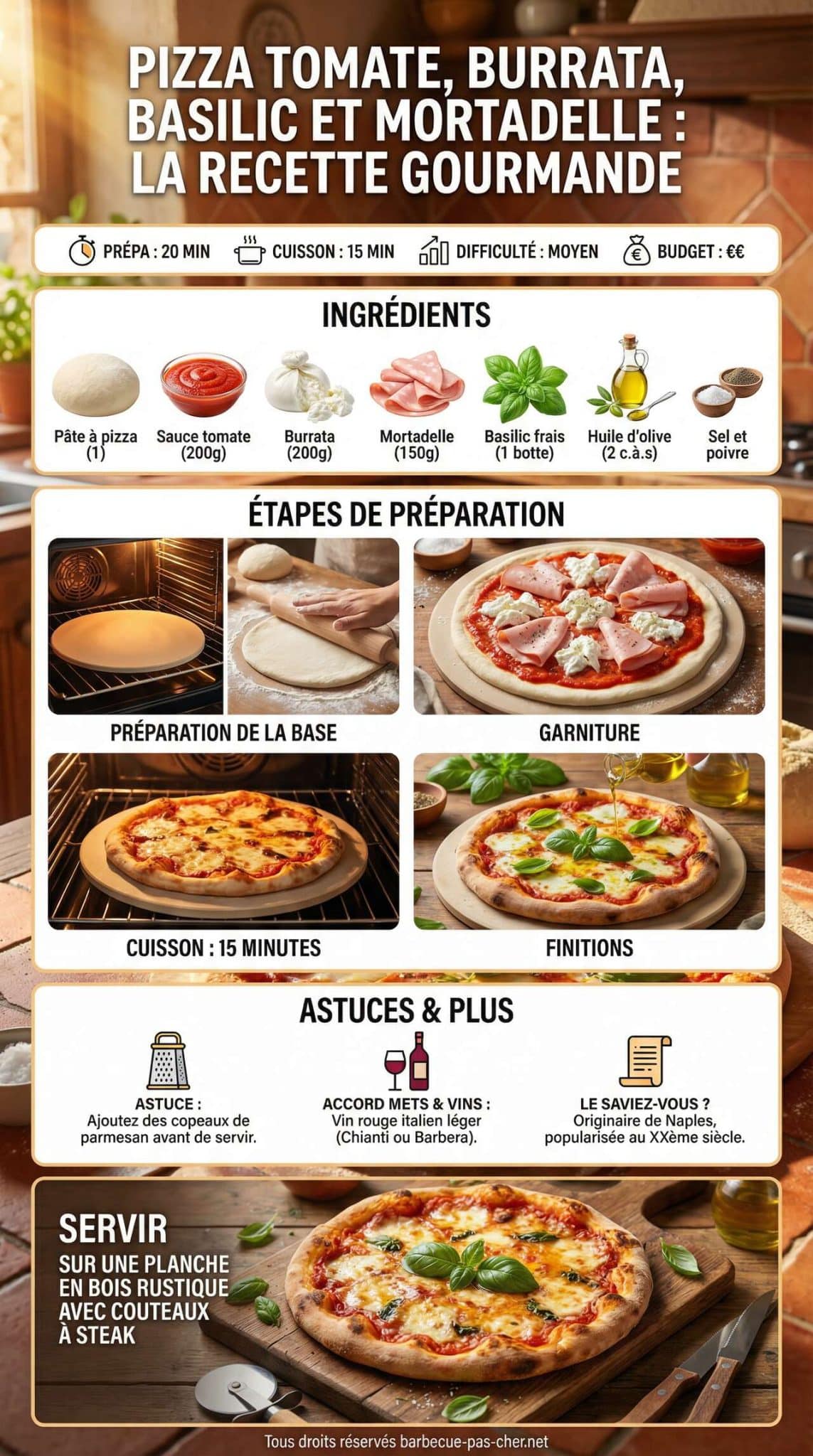 Fiche recette Pizza tomate, burrata, basilic et mortadelle : la recette gourmande