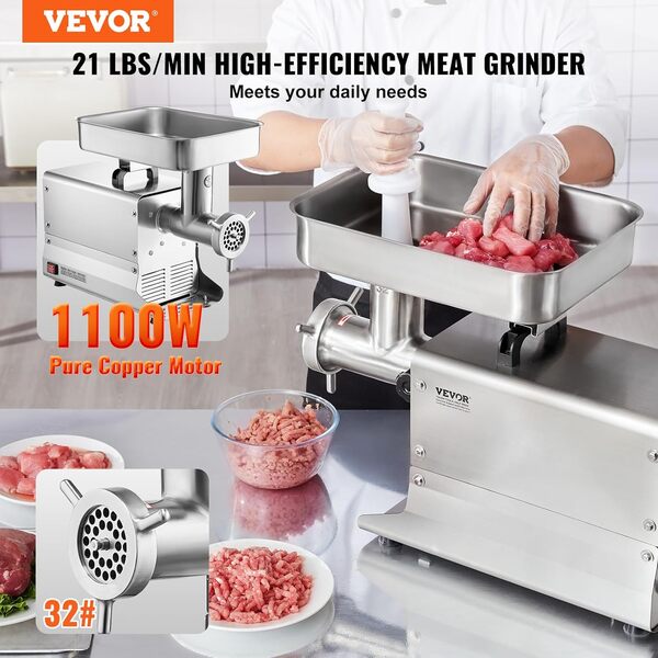 VEVOR Hachoir à Viande Électrique Commercial Capacité 9,5 kg/min, Hachoir Électrique de Comptoir, Poussoir à Saucisses avec Lame et Plaque de Broyage, en Acier Inoxydable, pour Cuisine et Restaurant