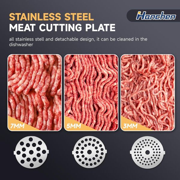 Hanchen Hachoir a Viande Electrique 6en1 avec Tube à Saucisse, 3 Plaques de Ponçage en Acier Inoxydable (3,5,7mm), Accessoires pour Biscuits, Annexe Kubbe, Presse-Tomates,Rapeuse Legume Electrique