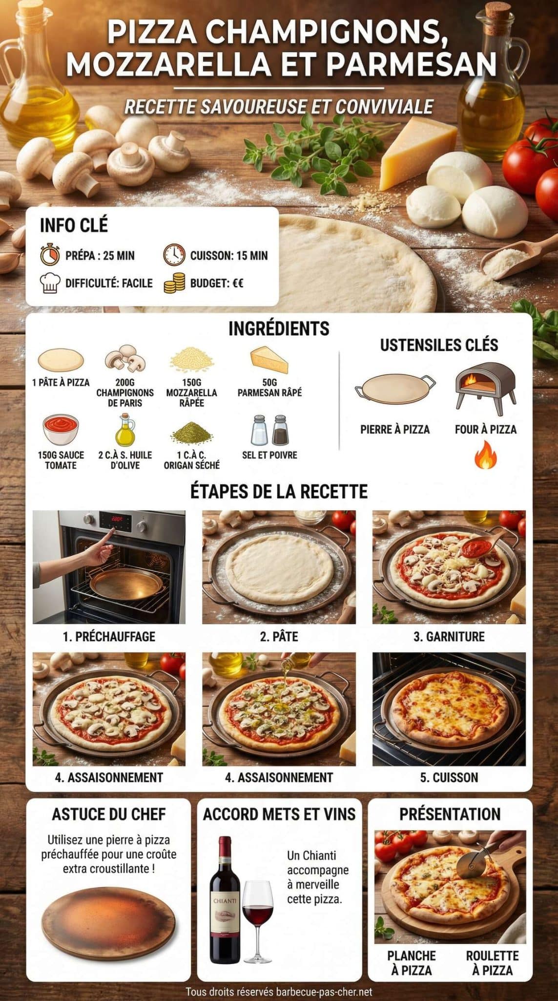 Fiche recette Pizza Champignons, mozzarella et Parmesan : d&eacute;couvrez la Recette Savoureuse !