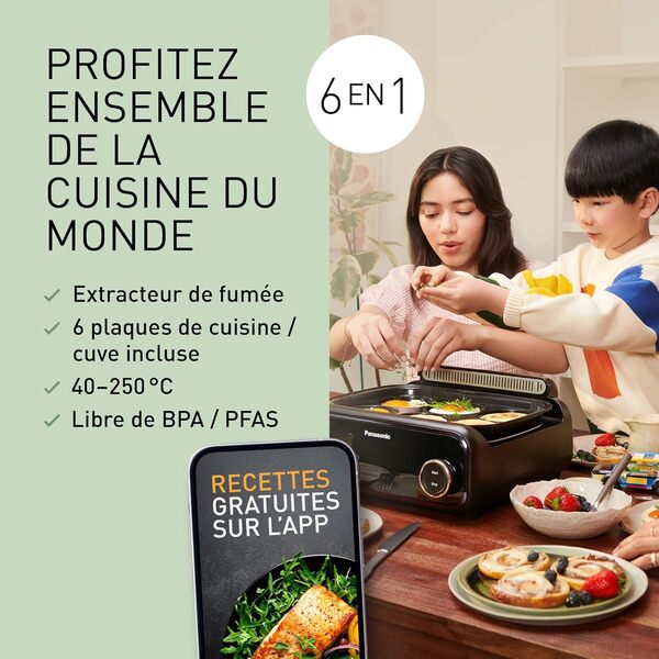 Panasonic NF-GM600 Multicuiseur Electrique 6-en-1, Grill électrique, Plancha, Frire, Cuisson Lente, BBQ, 1400W, 40-250°C, 9 Modes Automatiques, Extracteur de Fumée, Plaques lavables au lave-vaisselle