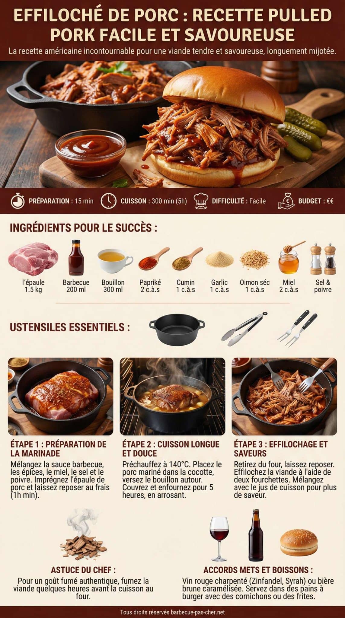 Fiche recette Effiloch&eacute; de Porc : recette Pulled Pork Facile et Savoureuse