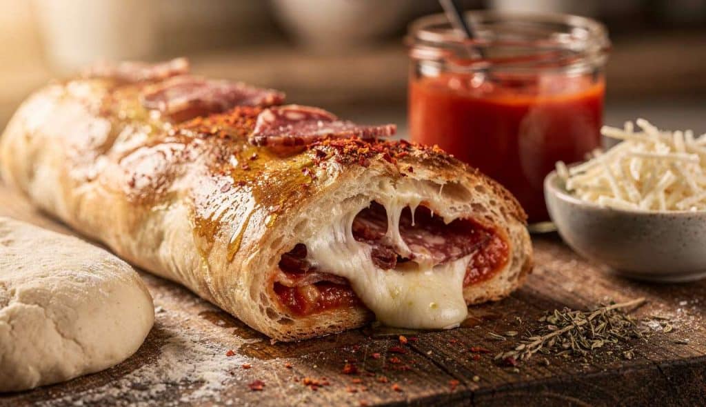 Pizza roulée à la tomate, mozzarella et speck : recette vidéo simple et savoureuse