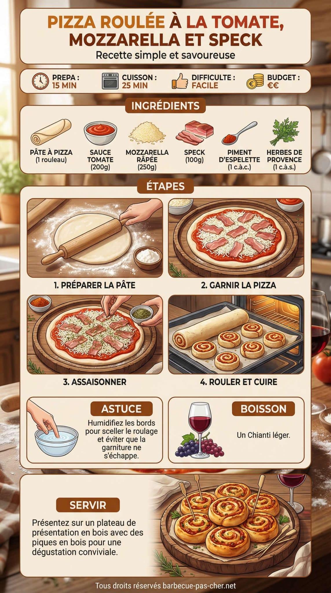 Fiche recette Pizza roulée à la tomate, mozzarella et speck : recette vidéo simple et savoureuse Fiche recette Pizza roulée à la tomate, mozzarella et speck : recette vidéo simple et savoureuse