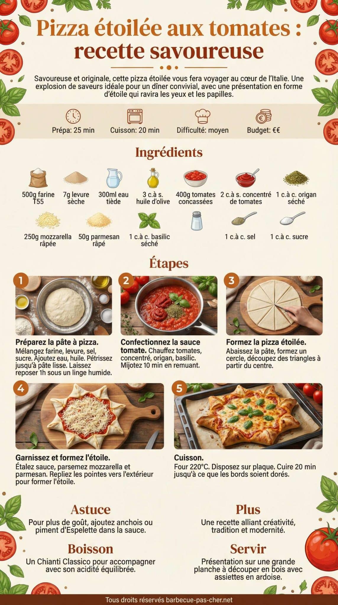 Fiche recette Pizza &eacute;toil&eacute;e aux tomates : recette savoureuse