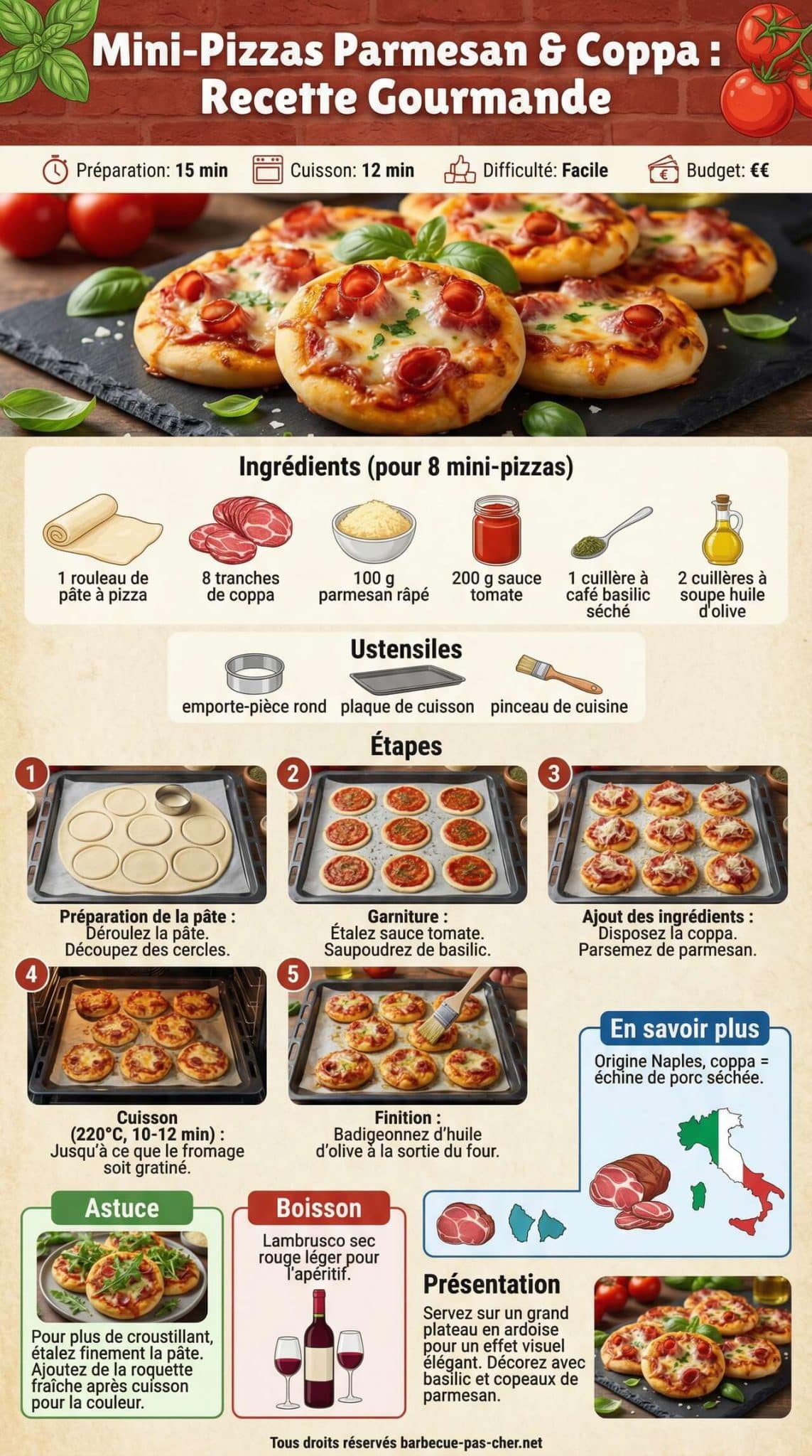 Fiche recette Mini-pizzas au parmesan et coppa : recette gourmande