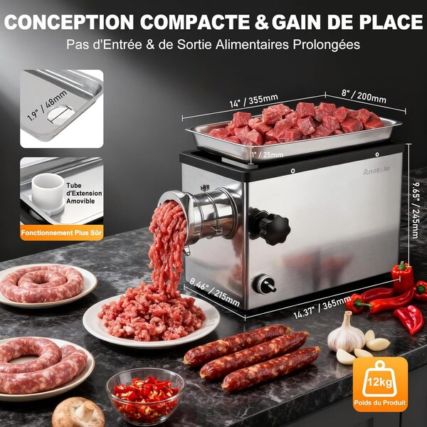 Anatole Hachoir a Viande Électrique Professionnel 1300W Acier Inoxydable Farce à Saucisse Multifonctions avec 4/6/8/10/12mm/3-Trous Plaques de Broyage 1 Remplisseur de Saucisses 4 Lames 220V