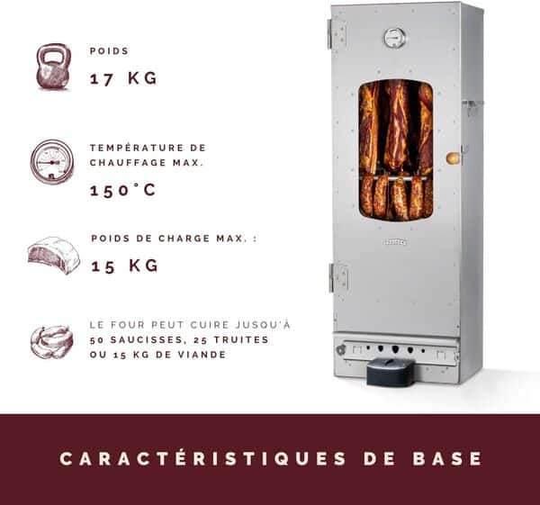 Fumoir électrique de haute qualité KAISER COMPANY '100' l Ce fumoir est fabriqué en acier inoxydable I Fumoir portable de 110 cm I Idéal pour fumer I Il peut accueillir jusqu'à 15 kg de viande