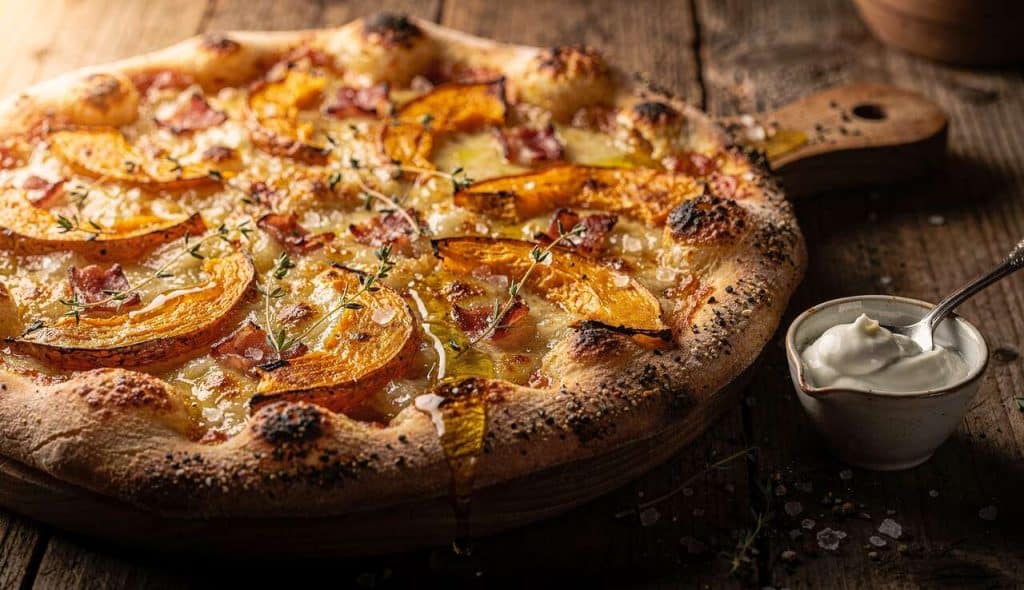 Pizza butternut et lardons : recette gourmande