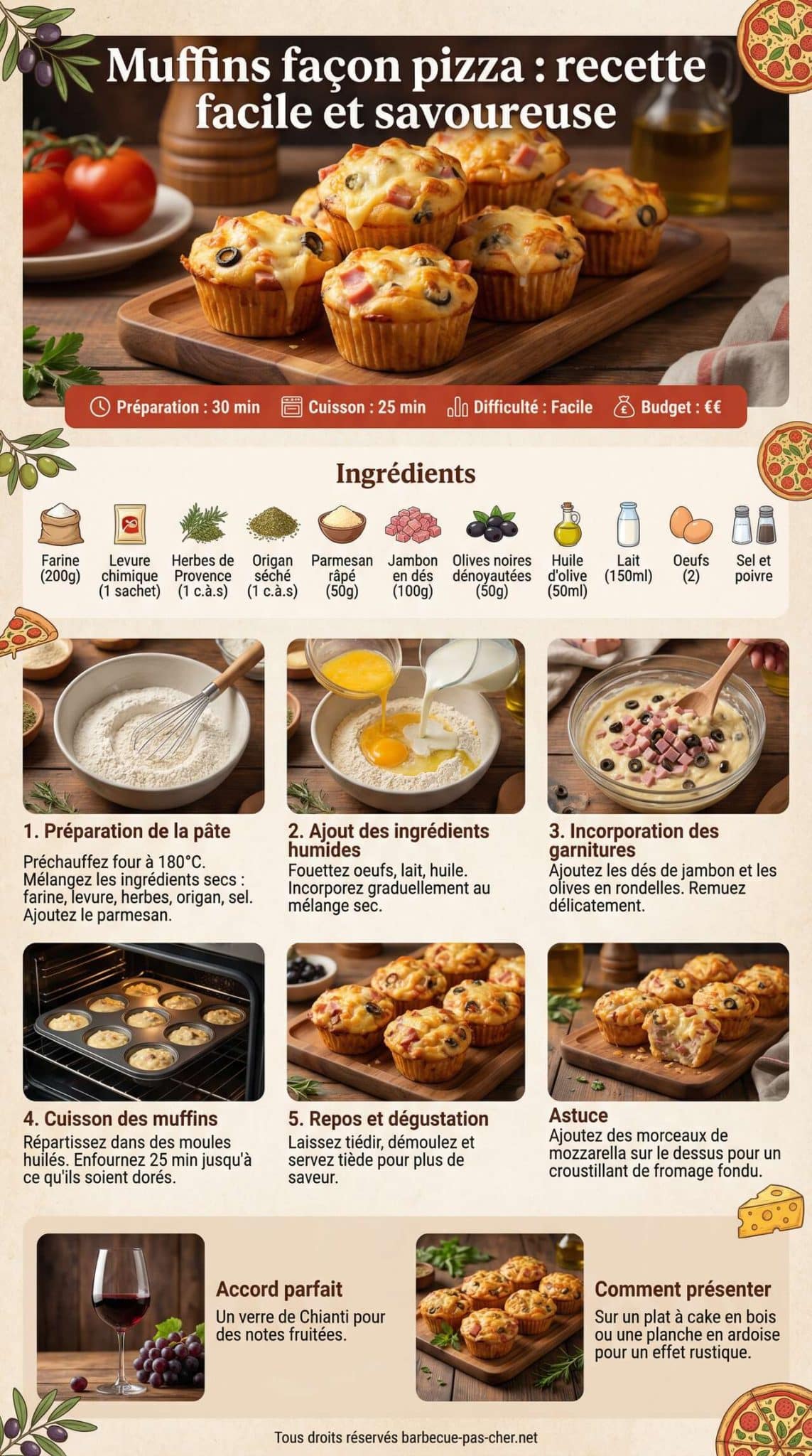 Fiche recette Muffins fa&ccedil;on pizza : recette facile et savoureuse