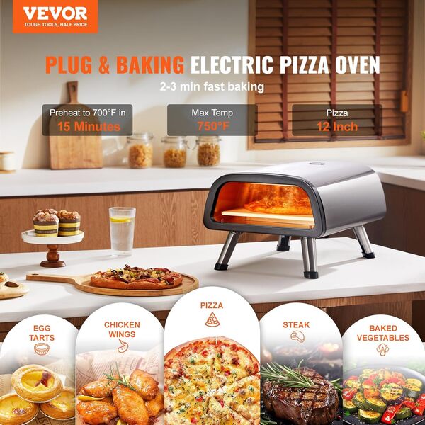 VEVOR Four à Pizza de Comptoir, Four Électrique Capacité 12 po, en Acier Inoxydable, avec Pierre à Pizza et Spatule, Chauffe jusqu'à 454 ℃, pour Restaurant, Maison, Camping, Intérieur et Extérieur