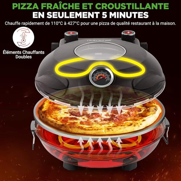 NutriChef Four à Pizza Électrique – Appareil de Table Ø30 cm avec Thermostat & Thermomètre – Fenêtre de Cuisson – Chauffe jusqu’à 425°C – Pierre Antiadhésive Facile à Nettoyer – Noir