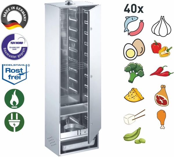 Peetz Fumoir avec porte en acier inoxydable 120 x 39 x 28 cm - Fumage à chaud et à froid - Fabriqué en Allemagne - Certifié TÜV - Parois latérales à double paroi