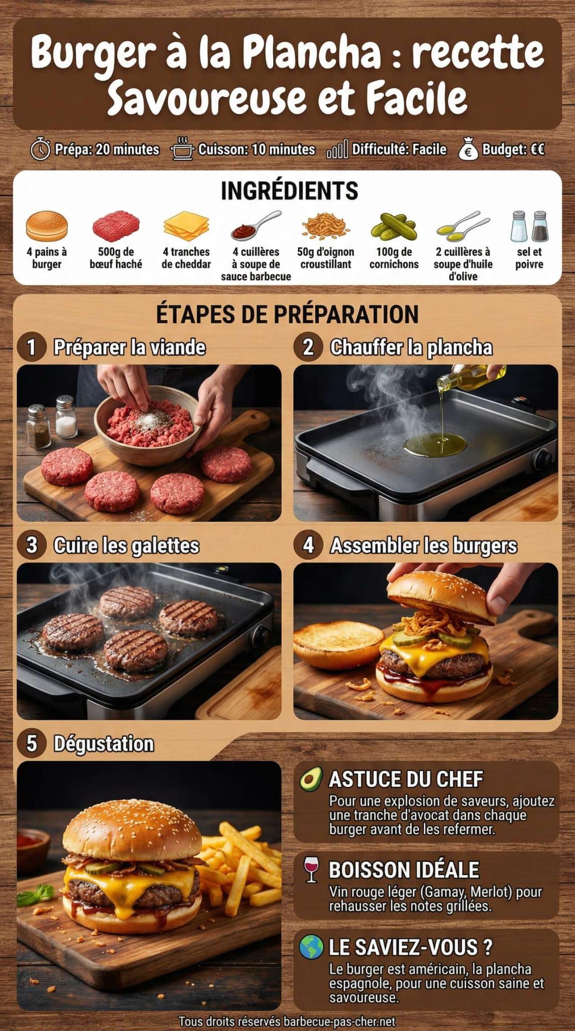 Fiche recette Burger &agrave; la Plancha : recette Savoureuse et Facile
