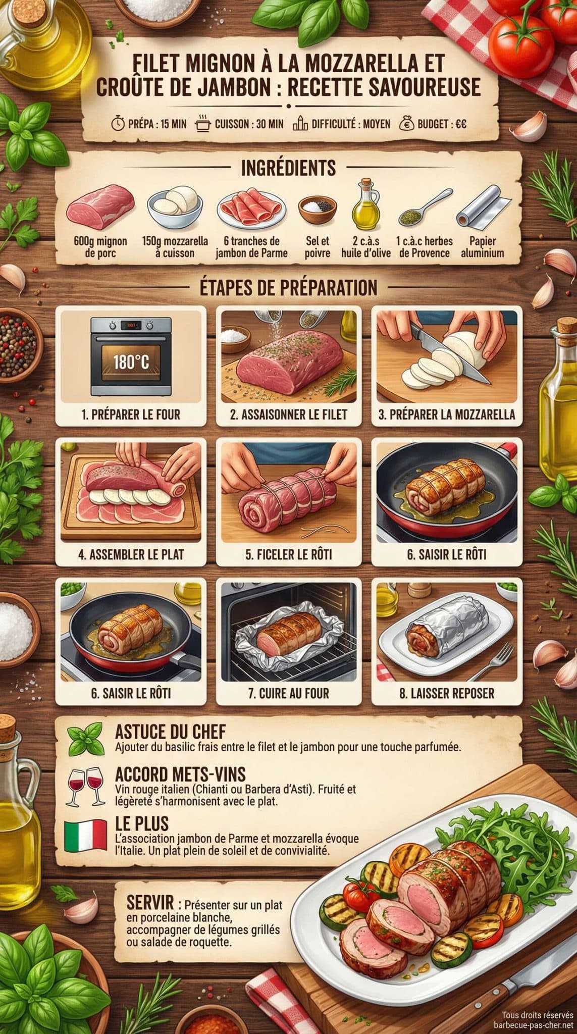 Fiche recette Filet mignon &agrave; la mozzarella et cro&ucirc;te de jambon : recette savoureuse