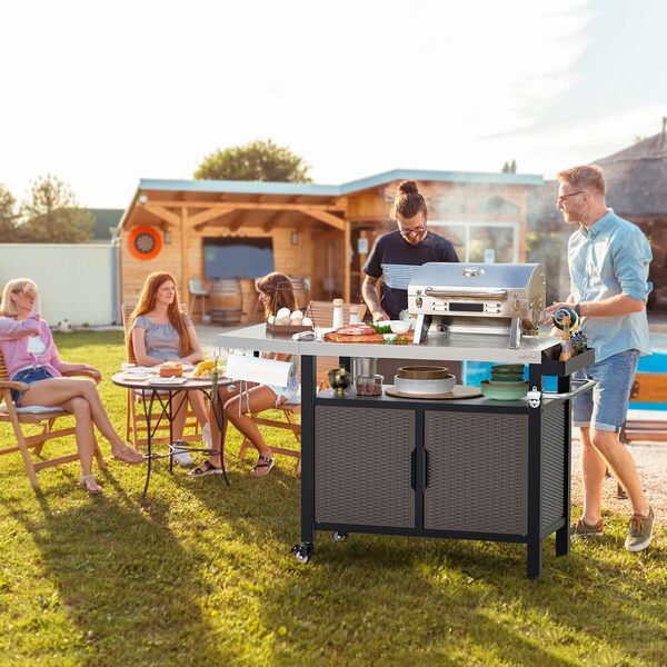 onlyfire Dessertes de Jardin, Desserte Extérieure à roulettes, Chariot Plancha Exterieur avec Table D'appoint, Plateau de Table en INOX, Chariot de Service, Chariots pour Barbecue, 143.5 × 56 × 91 cm