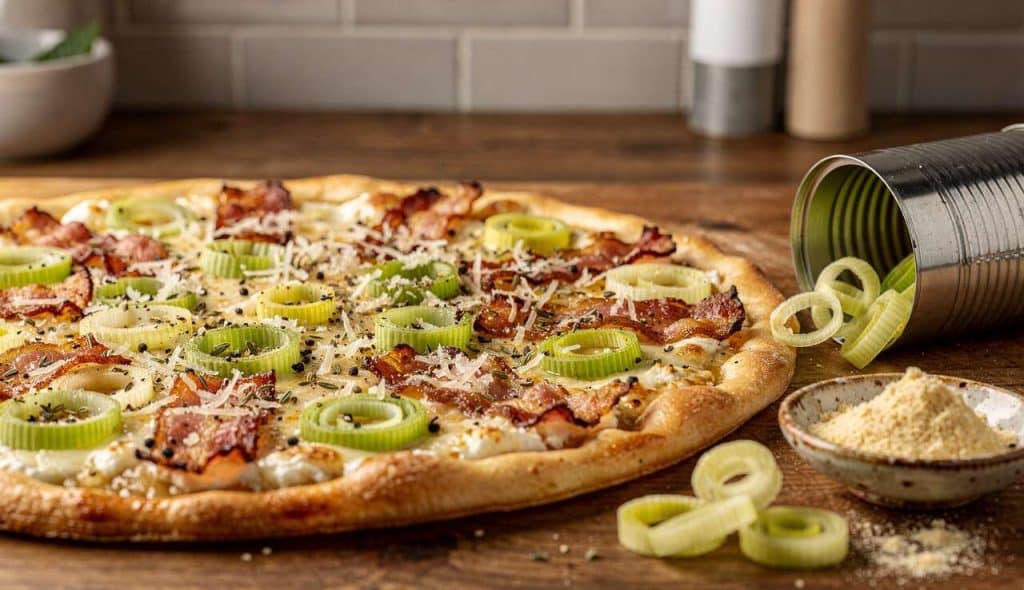 Pizza sans pâte : recette aux poireaux et bacon