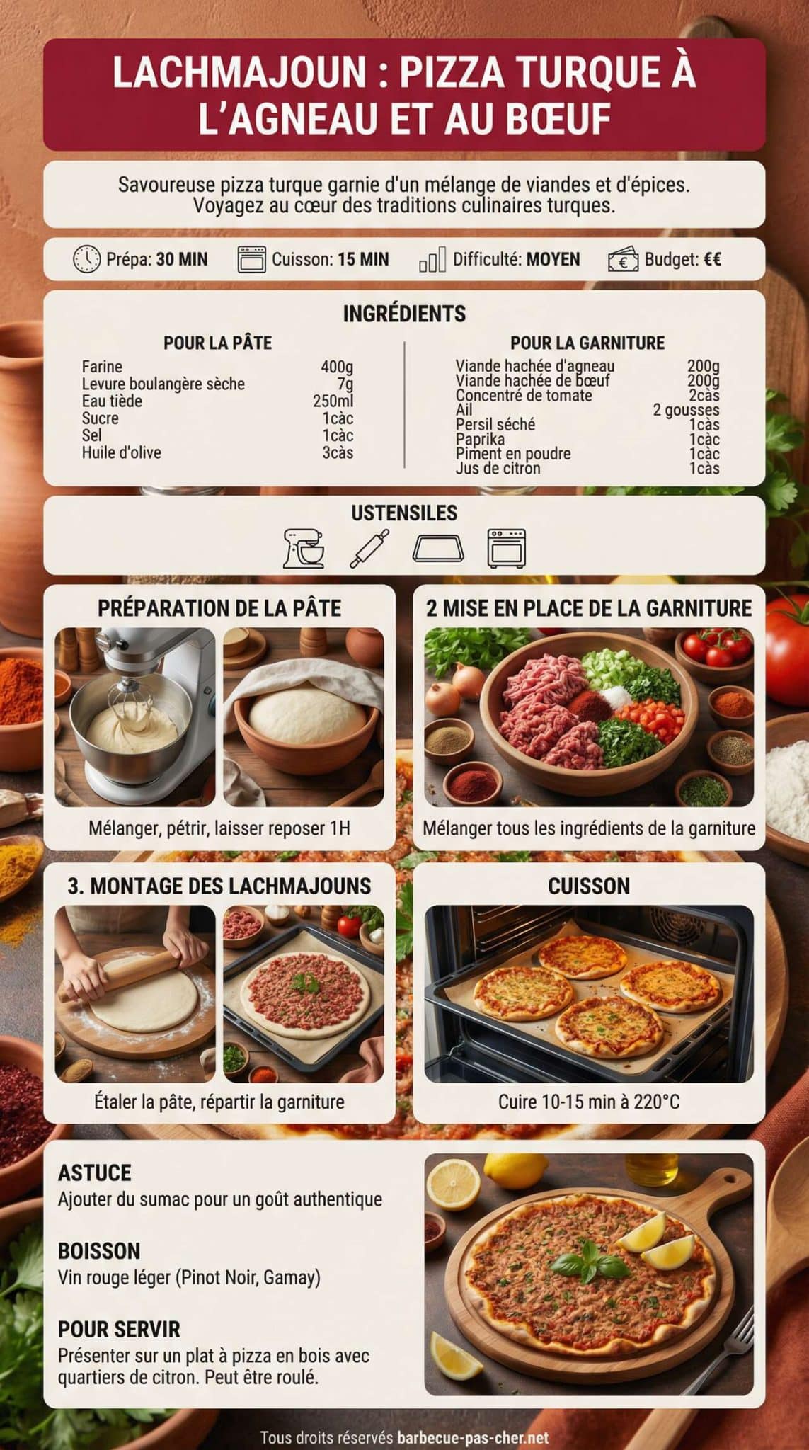Fiche recette Lachmajoun : recette de Pizza Turque &agrave; l'Agneau et au B&oelig;uf