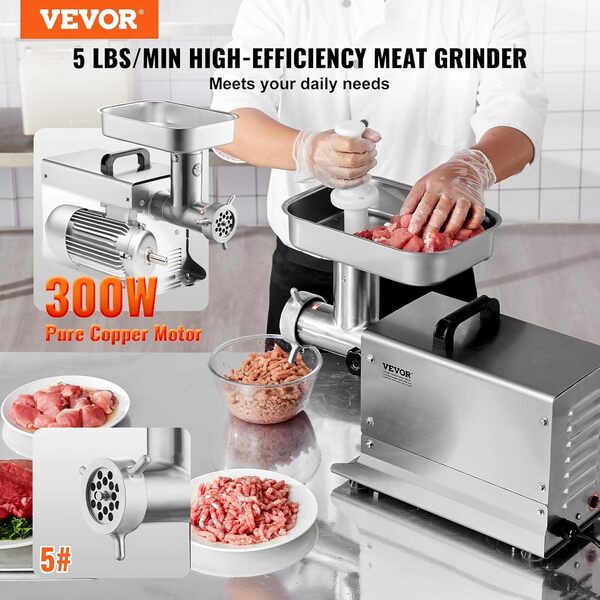 VEVOR Hachoir à Viande Électrique Commercial Capacité 2,3 kg/min, Hachoir Électrique de Comptoir, Poussoir à Saucisses avec Lame et Plaque de Broyage, en Acier Inoxydable, pour Cuisine et Restaurant