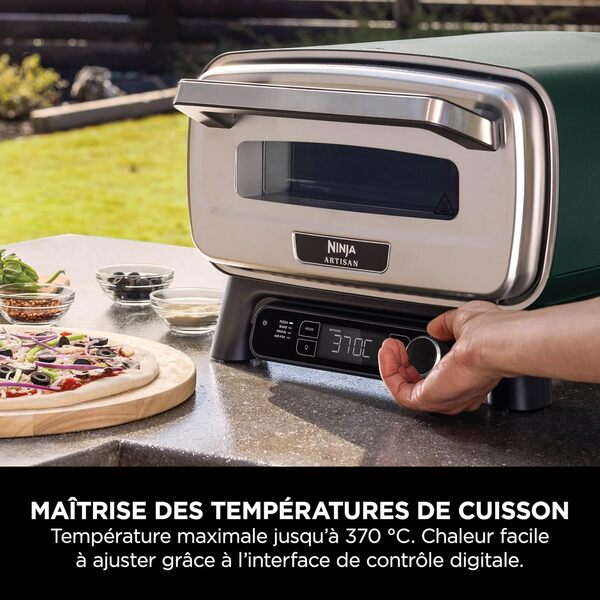 Ninja Artisan Four à pizza et friteuse sans huile électrique d’extérieur 4 modes de cuisson, Planche, Couteau à pizza, Pierre à pizza de 30 cm, Pelle à pizza, Plaque et Panier Crousti, Vert MO201AMZEU