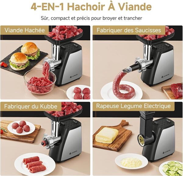 AAOBOSI Hachoir À Viande,Hachoir À Viande Électrique 4-En-1[2800 W Max]Avec 3 Lames Pour Trancher, Déchiqueter,2 Lames,3 Plaques,Farceuse À Saucisses,Kit Kubbe,Pour Cuisine À Domicile,Acier Inoxydable