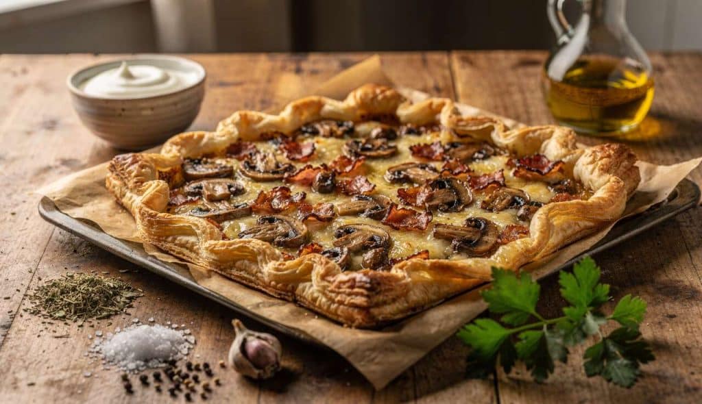 Recette facile : tarte pizza aux champignons et pancetta