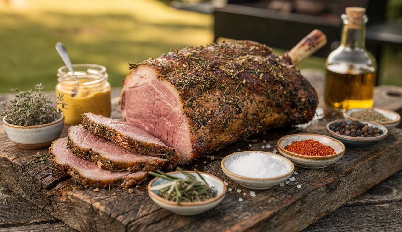 Gigot d'agneau en croûte d'herbes au barbecue