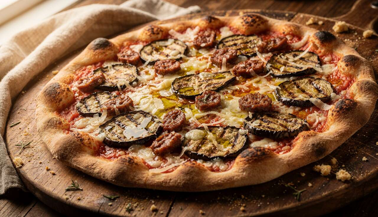 Pizza aubergine, tomates et merguez : recette gourmande