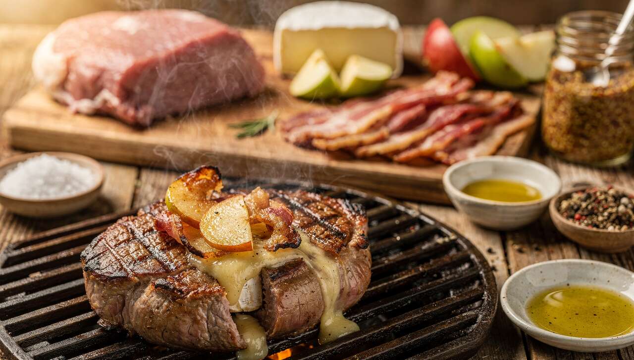 Filet mignon farci au brie, pomme et lard au barbecue