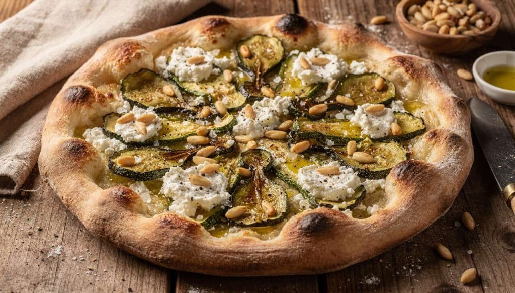 Pizza courgette, ricotta & pignons : recette savoureuse