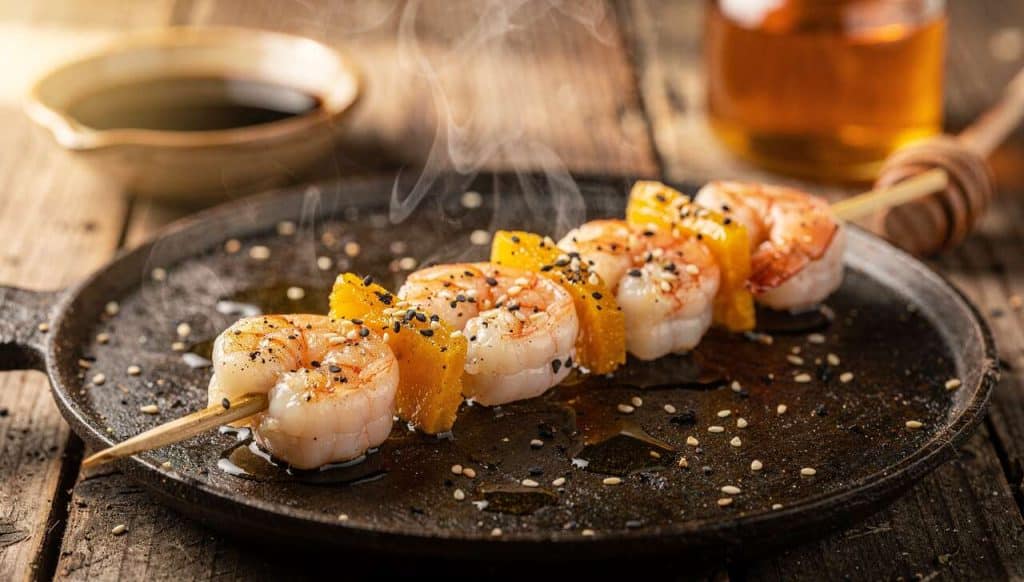Brochettes de crevettes et mangue au sésame à la plancha