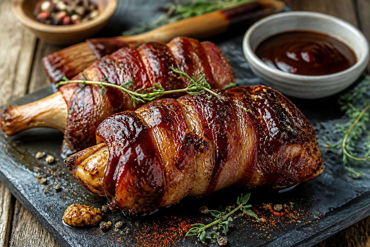 Cuisse de lapin bardée à la sauce BBQ au barbecue